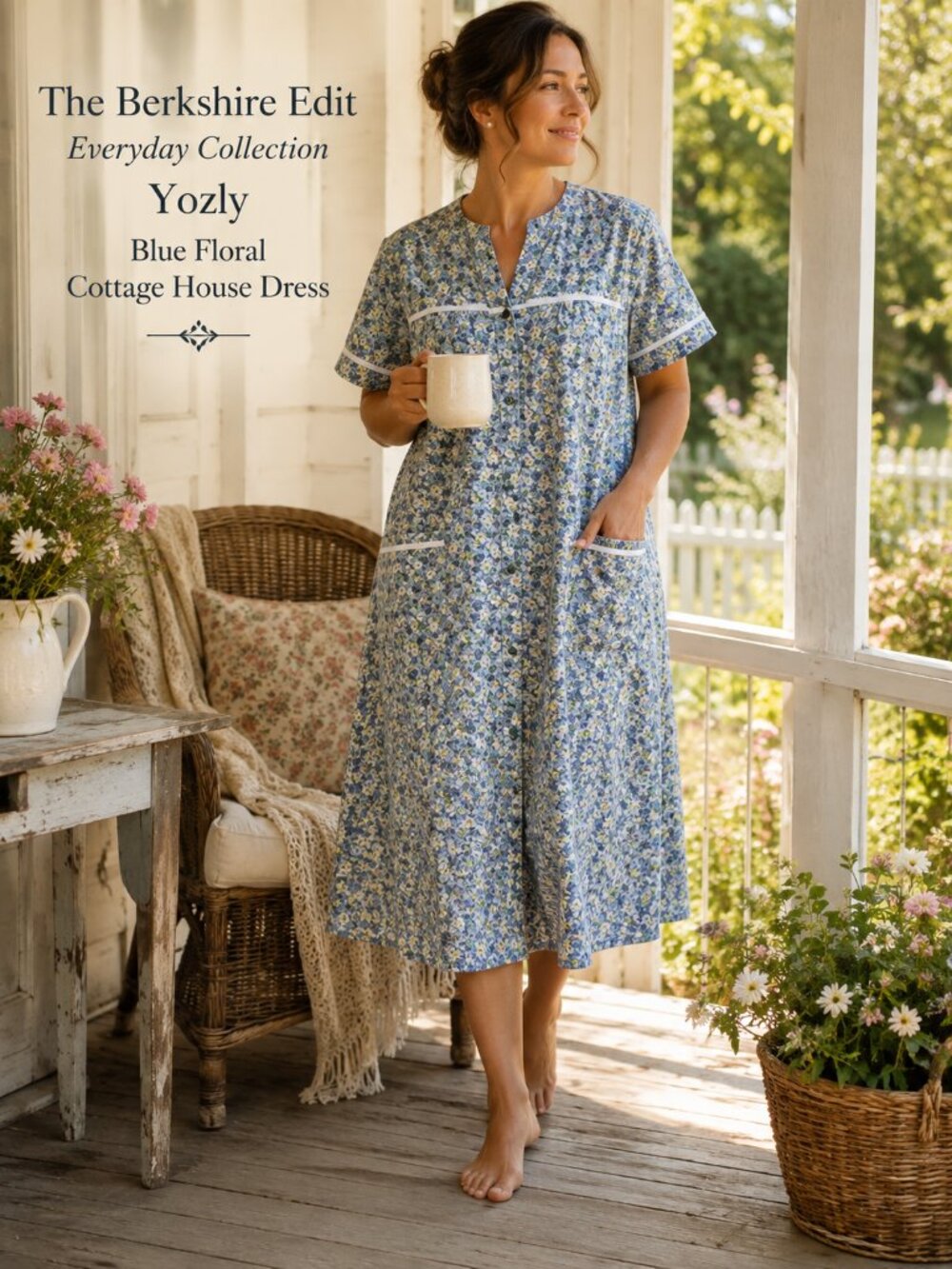 Yozly Blue Floral Cottagecore House Dress Duster Robe Pockets NWOT Large